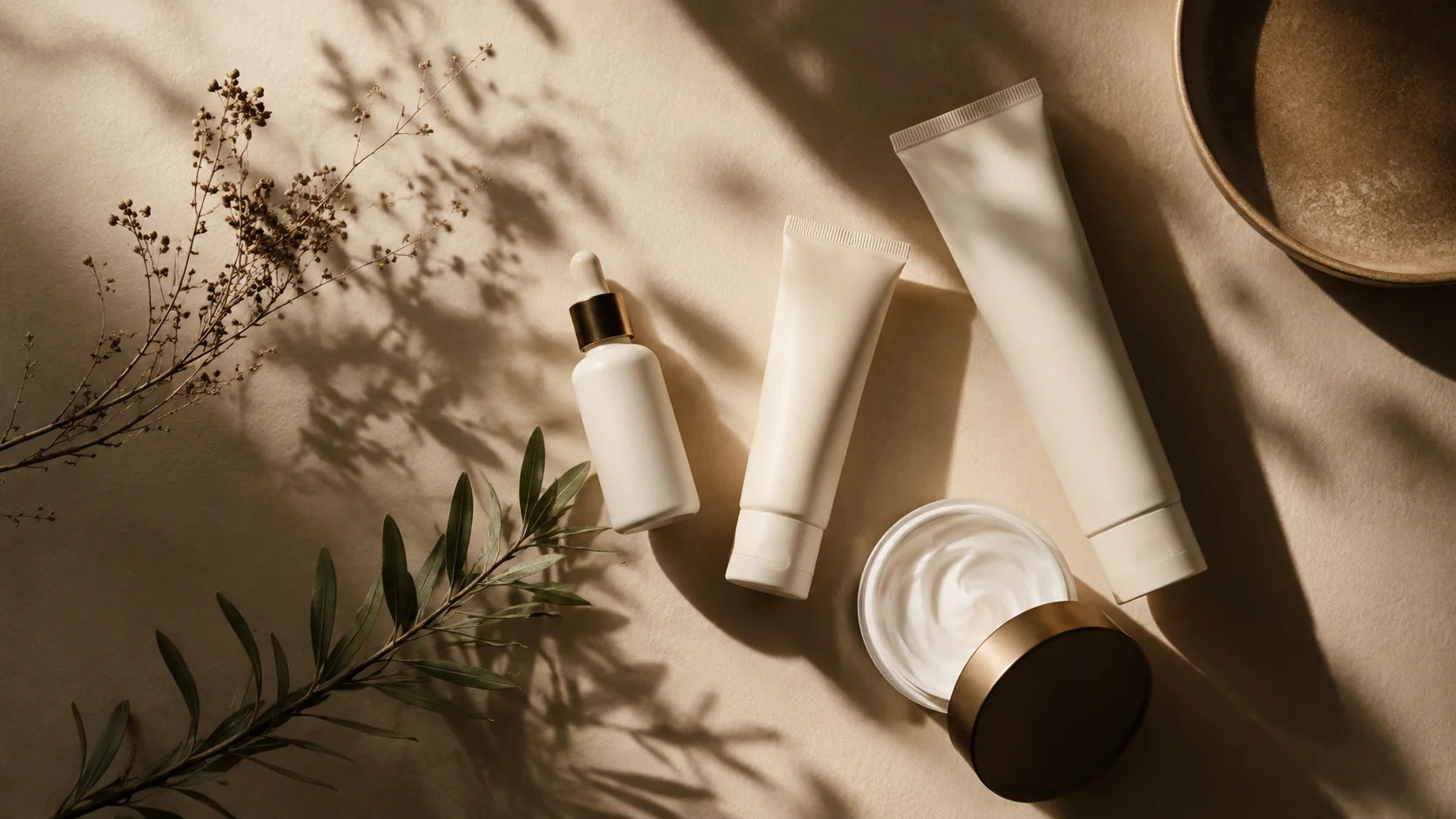 ขวดครีมเซรั่ม drugstore สไตล์ editorial cream tones