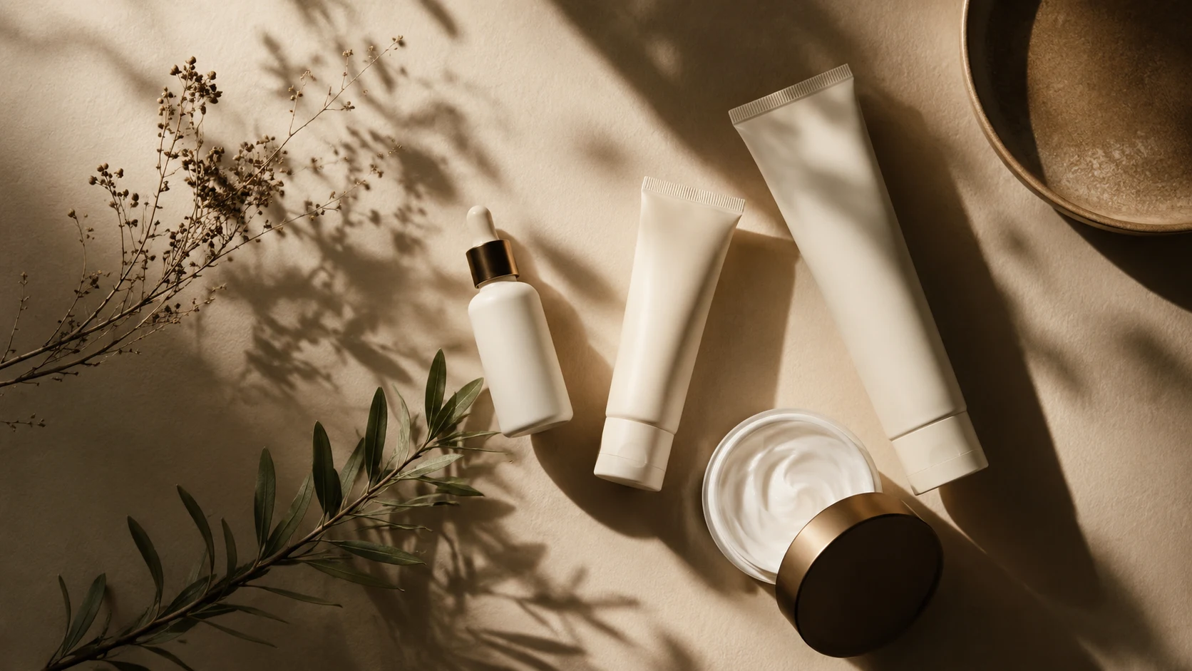 ขวดครีมเซรั่ม drugstore สไตล์ editorial cream tones