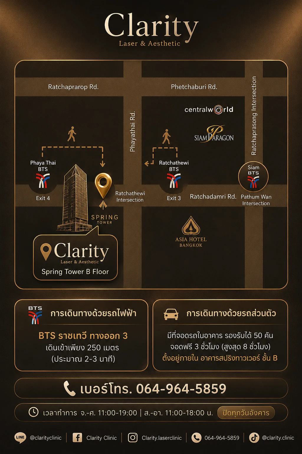 แผนที่ Clarity Clinic อาคาร Spring Tower ชั้น B ใกล้ BTS ราชเทวี