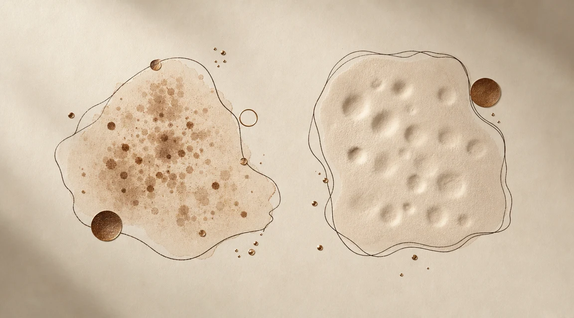 Comparing post-acne dark marks with acne scars, cream editorial
