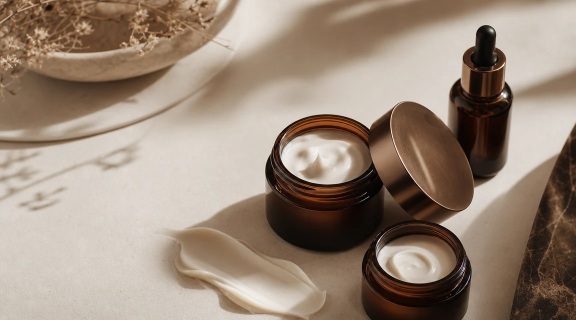 ขวดเซรั่มลดรอยสิวบนพื้นโทนครีม editorial cream warm