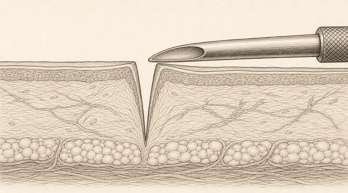Diagram of why a subcision needle can't enter a narrow deep ice pick scar