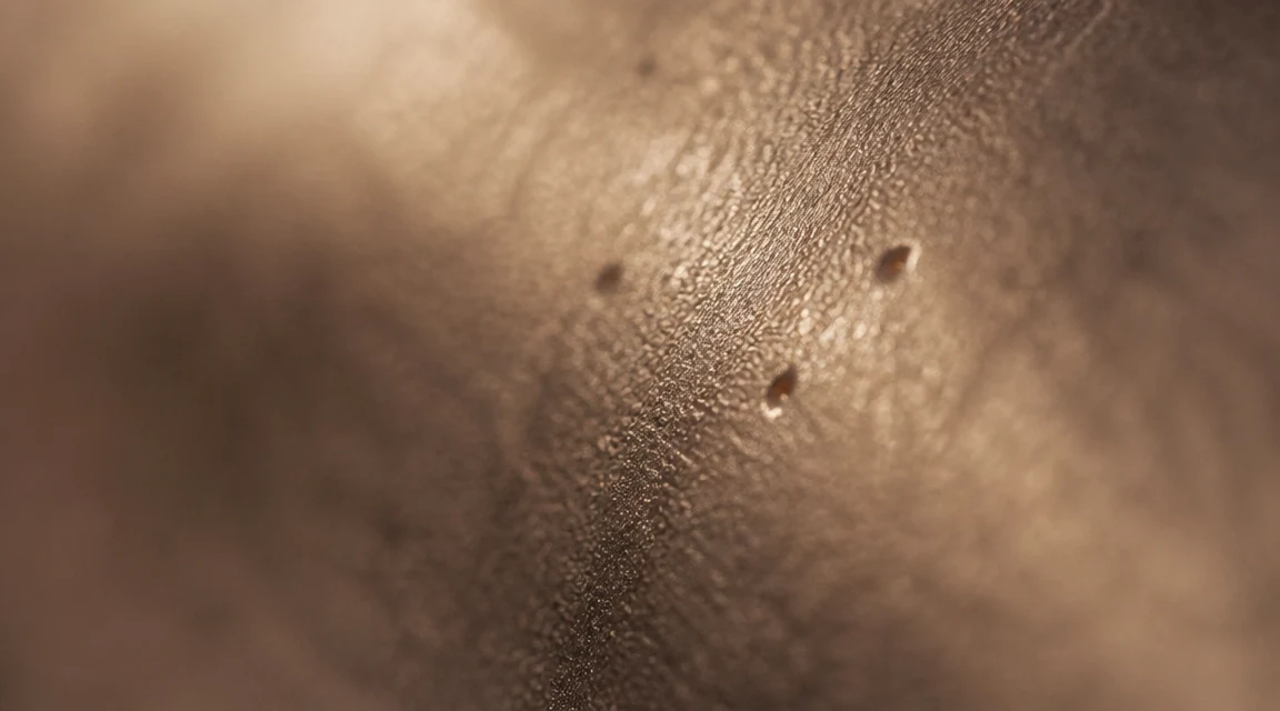 Illustration of a surface with narrow deep ice pick scars, cream-bronze tone