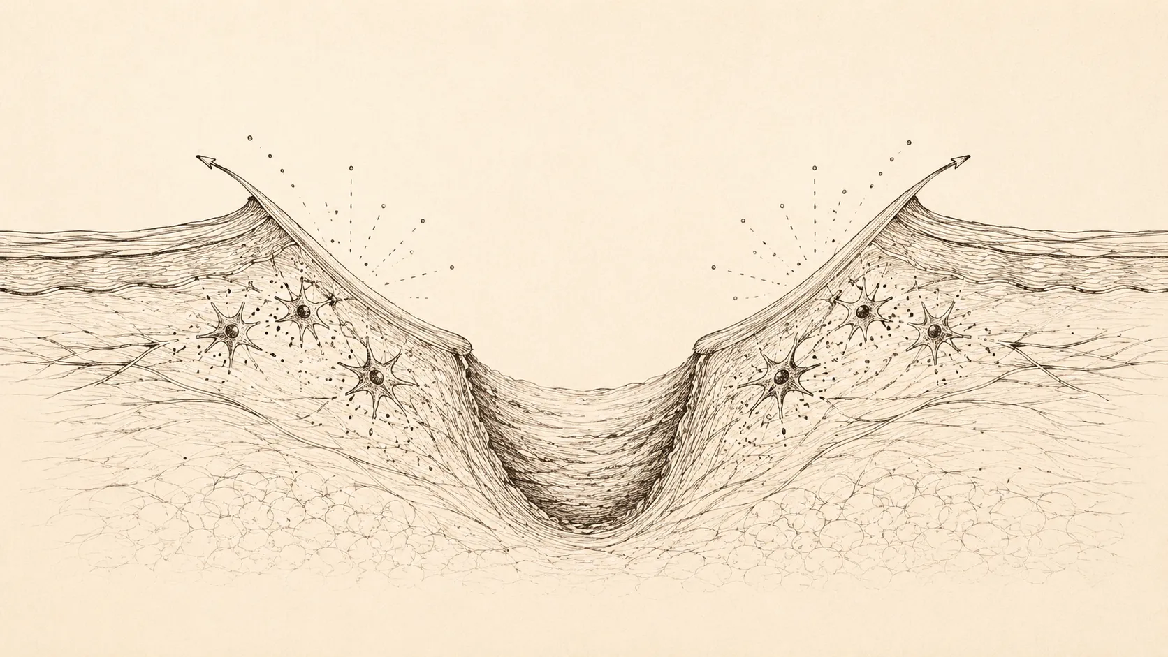 Diagram showing PN stimulating fibroblasts to lift scar edges