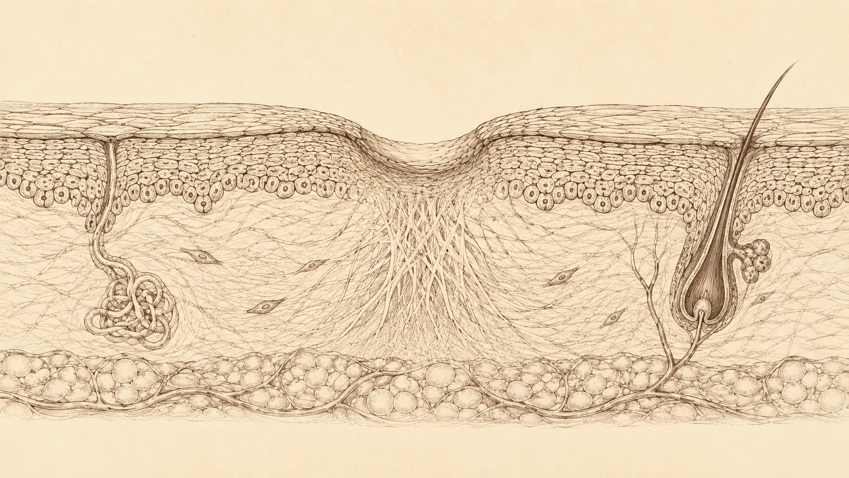 แผนภาพชั้นผิวหนังแสดงตำแหน่งที่คอลลาเจนใหม่ก่อตัวหลังรักษาหลุมสิว