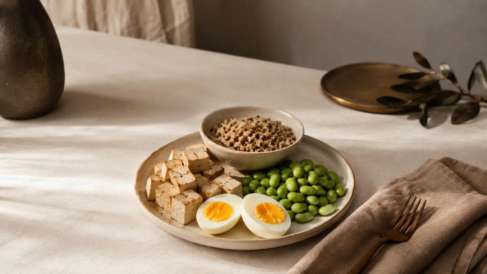 ภาพแหล่งอาหารโปรตีน ไข่ ปลา อกไก่ เต้าหู้ จัดวางสไตล์ editorial