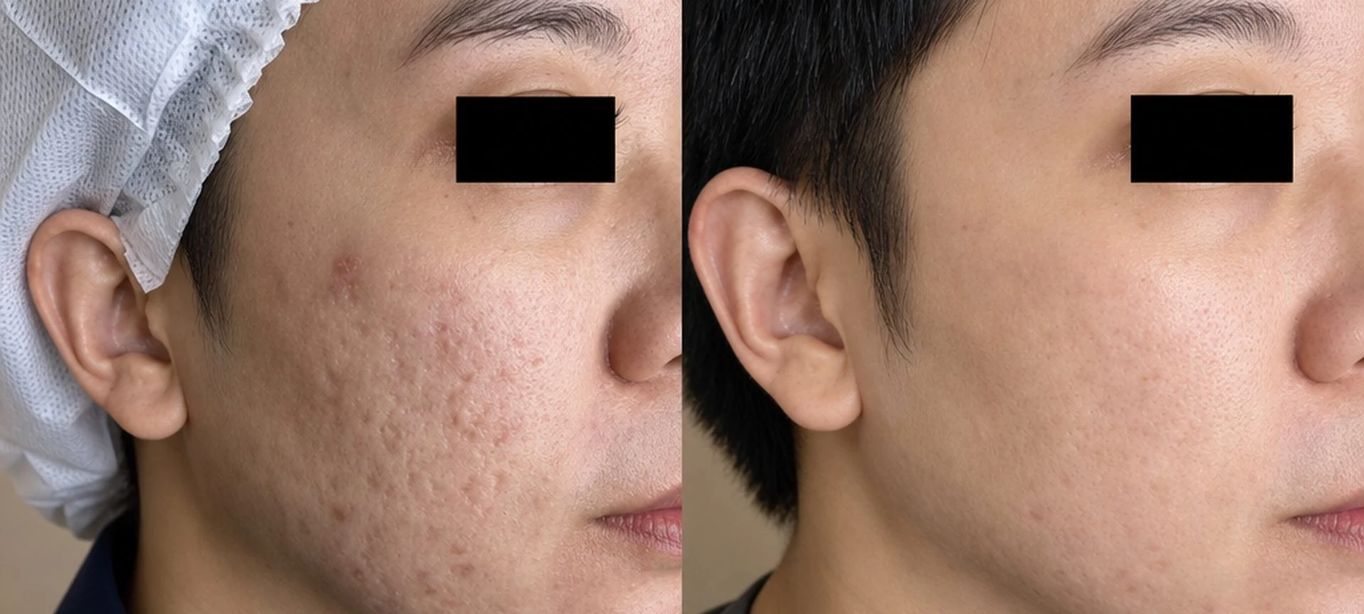 ภาพก่อน-หลังรักษาหลุมสิว เคส 03 · Deep rolling + box scar · ชาย · 35 ปี · 5 session — Clarity Clinic