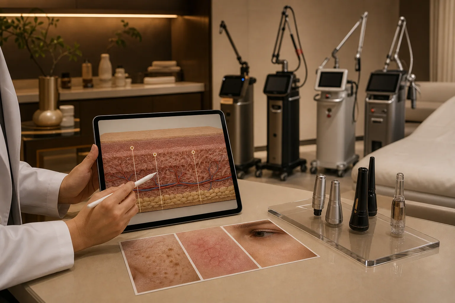 ภาพแพทย์วางแผนโปรแกรม Skin Quality ด้วยการดูหลายชั้นผิวและเลือกเครื่องมือหลายกลุ่ม