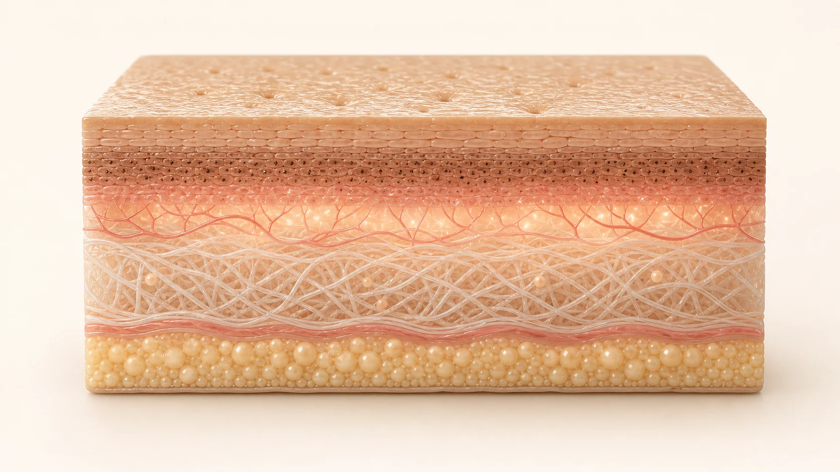 ภาพจำลองชั้นผิวที่แสดงตำแหน่ง Texture, Pigment, Vascular และ Collagen